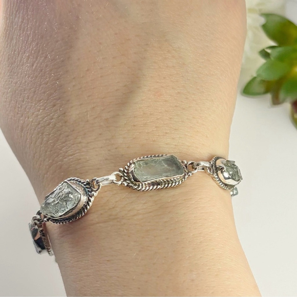 Raw Aquamarine Gemstone Bracelet Boho Southwest Vintage Style Handmade New 925 - Picture 2 of 5
